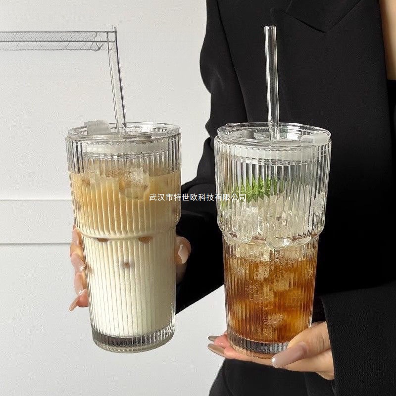 青苹果高颜值冷饮果汁带盖吸管大容量条纹玻璃杯水杯保温钠钙玻璃