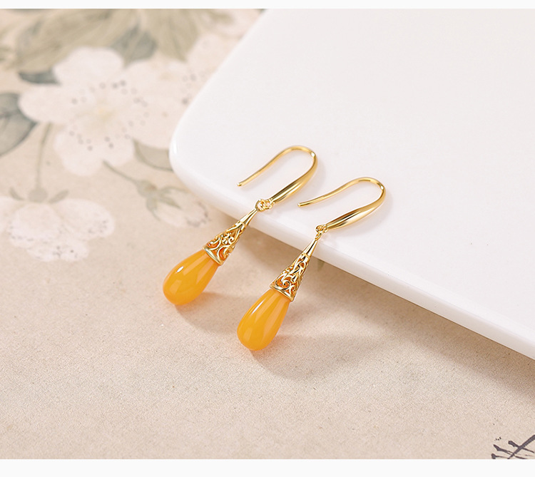 Khuyên tai nữ bạc S925 mạ vàng đính đá hổ phách hình giọt nước phong cách dân tộc — Màu bạc hổ phách chi tiết 4