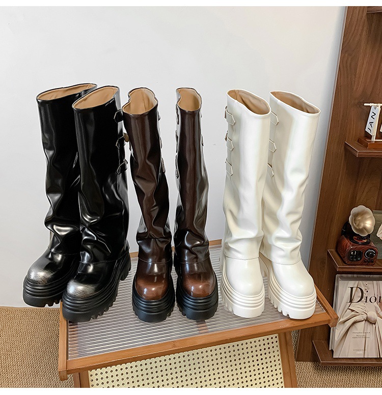 Boot nữ cổ cao ôm bắp chân da thật đế dày tăng chiều cao 15cm gót chunky — Lớp lót đơn màu trắng nhạt 12cm, Lớp lót đơn màu nâu 15cm, Màu đen đơn 12cm, Lớp lót nhung màu nâu 12cm chi tiết 20