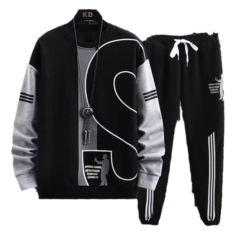 Camisa menos ropa deportiva ocio traje de otoño nuevo color a juego moda Hong Kong estilo suelta waffle cuello redondo suéter