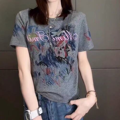 Grey Oversized Shoulder Short-Sleeve T-Shirt for Women - Summer New Arrival Korean Style Fashion High-End with Colorful Art