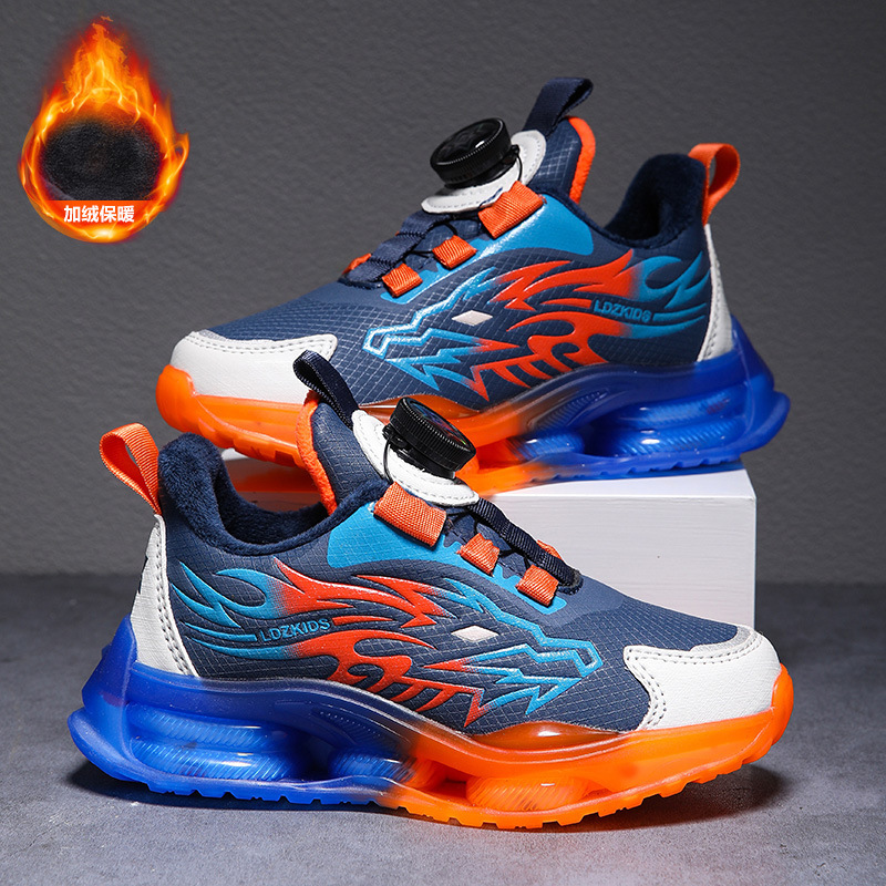 Zapatos para niños con algodón de cacho 2025, zapatos de cuero de otoño y invierno para niños, botón giratorio, zapatos de correr para niños grandes