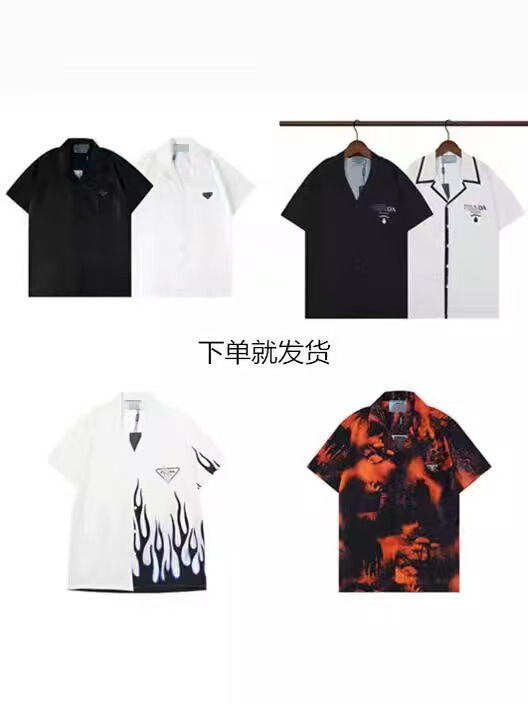 New European and American Trendy Brand Flocked Pra Full-Print Da Velcro Pula Short-Sleeved Shirts for Men and Women Half-Sleeved Shirts