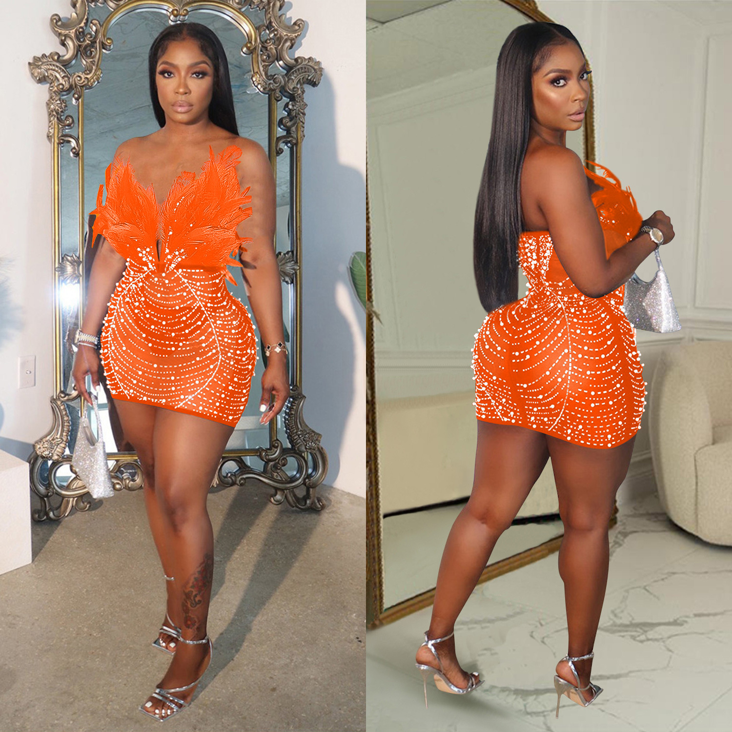 Damenkleid mit einfarbigem Mesh-Federrock und Strasssteinen_voghion.com