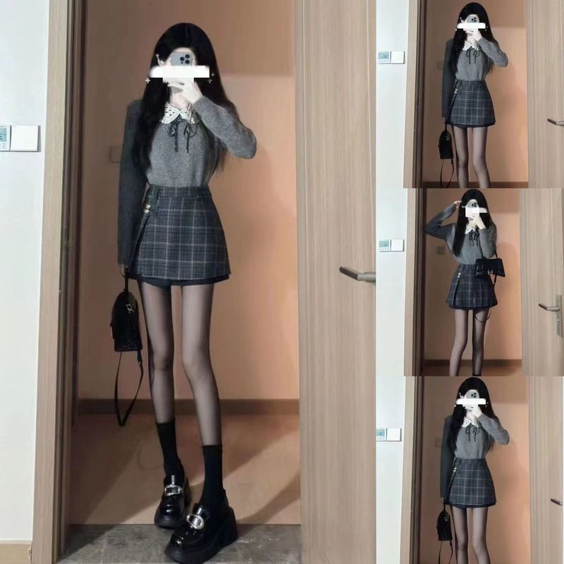 复古学院风套装女秋冬韩剧奶乖盐系甜辣纯欲风毛衣格纹短裙两件套|undefined