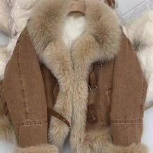 大毛领牛仔夹棉外套女秋冬款韩系小香风高级感超好看棉服加厚保暖