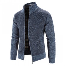 2021冬季新款男裝加絨加厚大碼幾何圖形開衫立領毛衣青年韓版毛衣