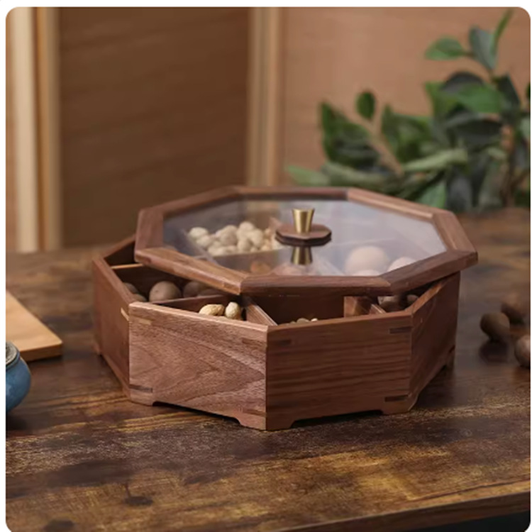 Nogal negro madera maciza octogonal Placa de fruta seca Sala hogar simple caja china compartimiento a prueba de humedad hogar sala de estar comedor caja de frutas