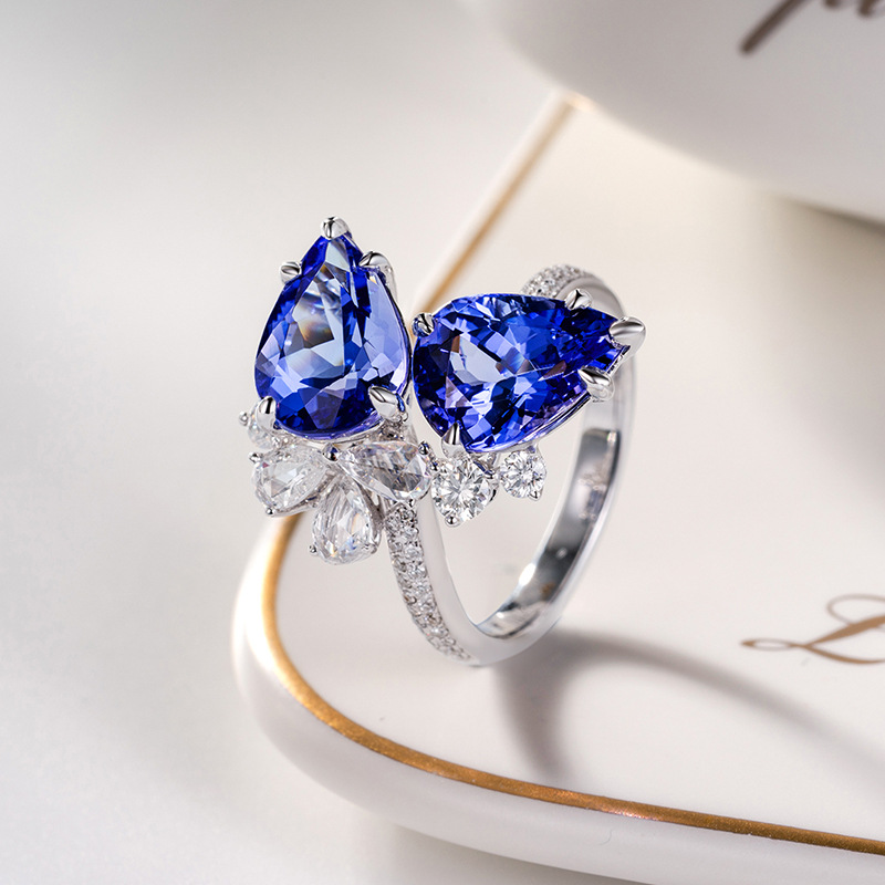 New Double Diamond Tanzanite Blue Drop Pear-shaped Ring Simulation Sapphire Copper Open Ring display picture 1