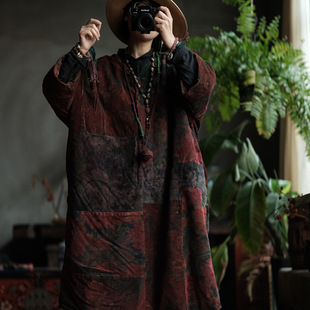 Luoguni Light Custom-Made Retro Literary V Neck Patchwork Cotton Robe 2221 Thick Corduroy Flower Patchwork