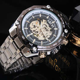 新款钢带男表镂空全自动机械手表批发江湖跑摊货源 镂空机械机芯