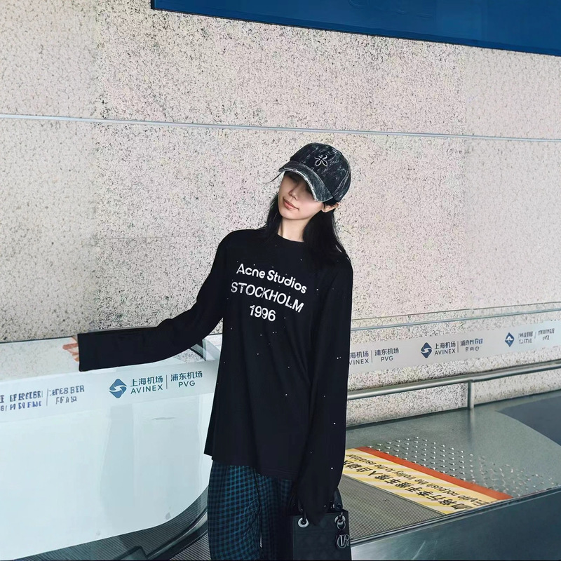 25 Early Autumn New Ac Limited Edition 1996 Silver Mirror Letters Hot Diamond Long-Sleeved T-Shirt Women's Loose Casual Top