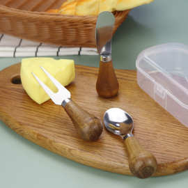 牛油奶酪果酱刀叉勺三件套 站立式黄油刀涂抹面包奶酪刀带收纳盒