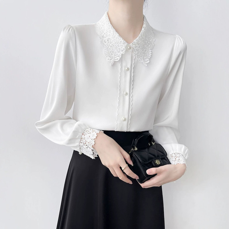 Collared lace hollow-out patchwork top, satin shirt for women, long-sleeved, elegant, casual, versatile, fashionable shirt