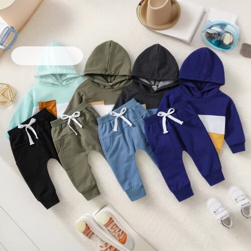 One-piece delivery for children's autumn and winter color-matching hooded hoodie suit for boys 'casual two-piece set