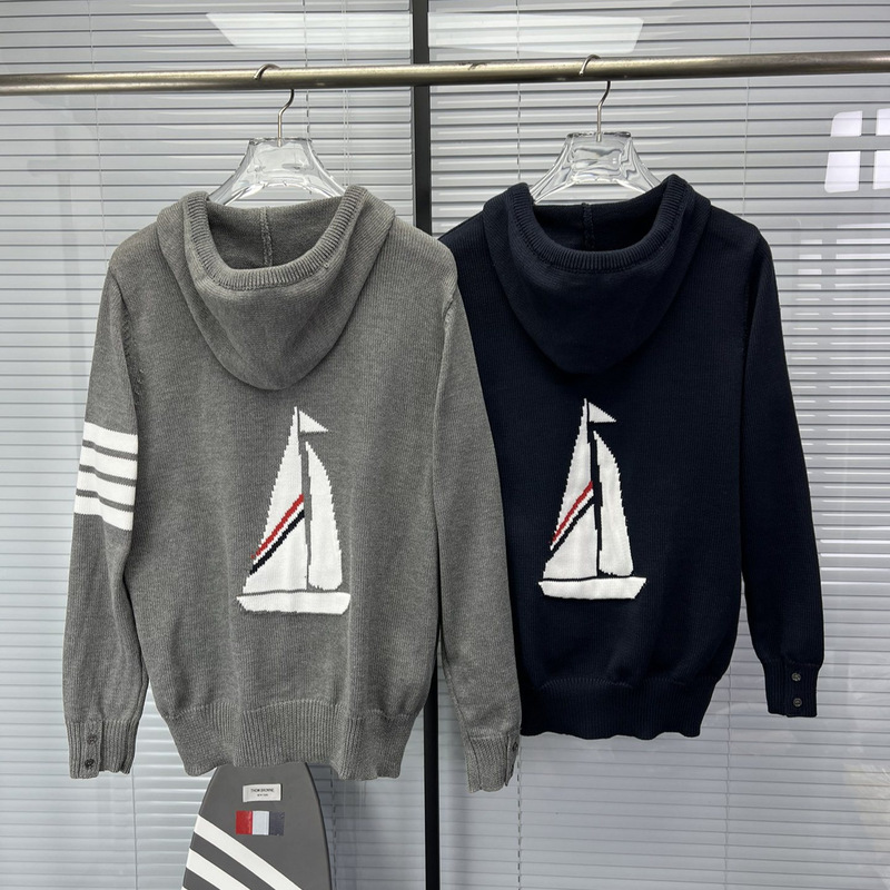 Tb Hooded Cardigan New Classic Knitted Four-Bar Back Sailboat Embroider Zipper Hoodie Men's and Women's Same Jacket