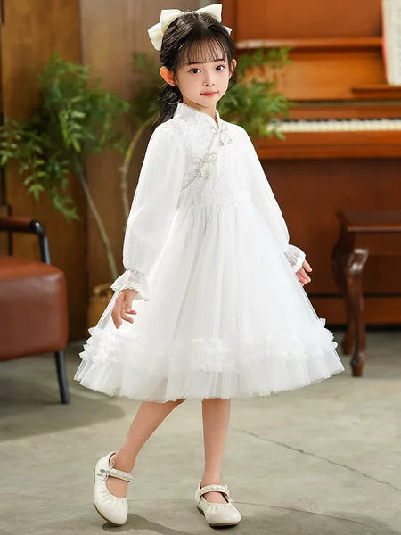 Girls' Dress, Spring Outfit, New Chinese-Style Qipao with Stand Collar, Children's Formal Dress, Princess Dress, Baby Dress with Added Fleece, Stylish Mesh Dress