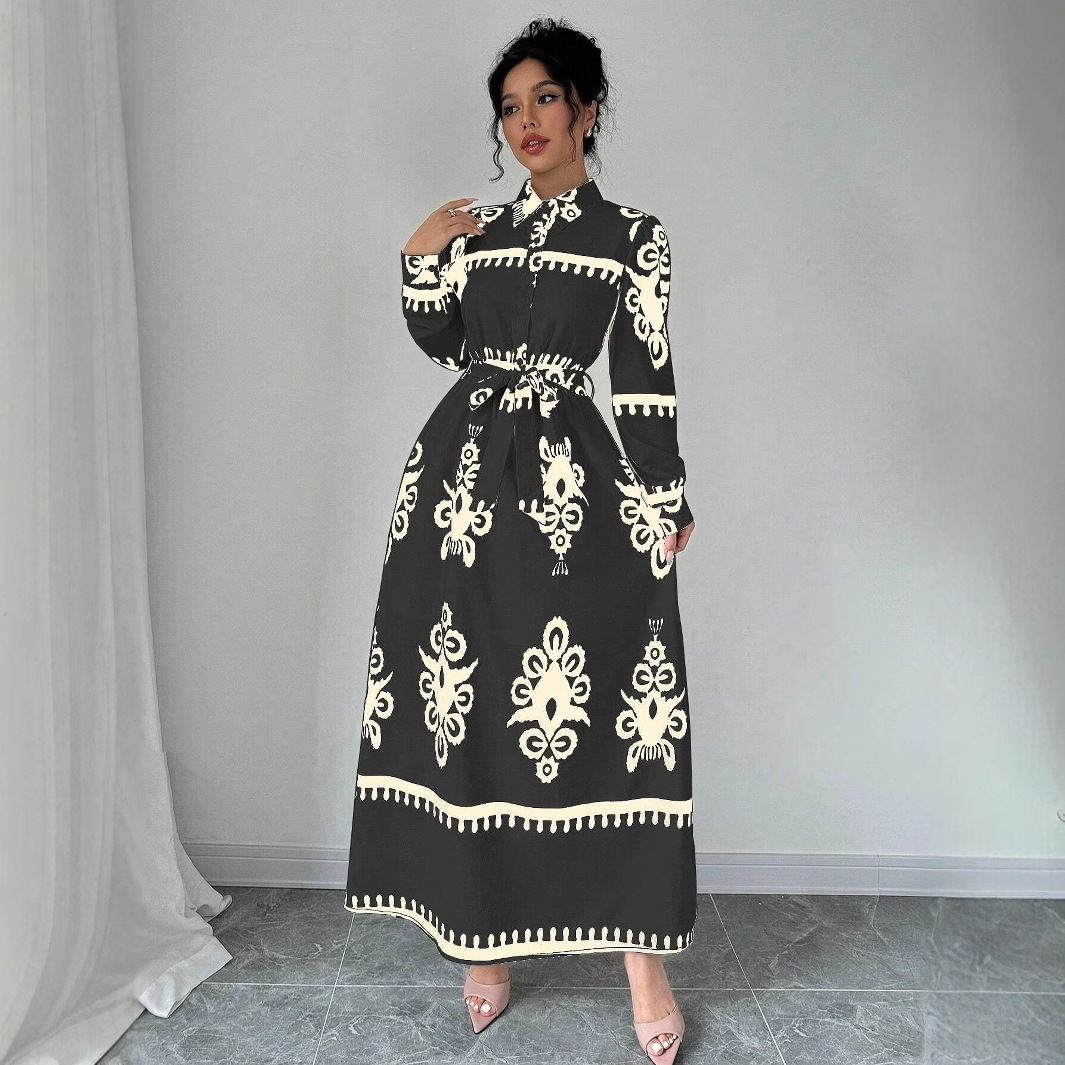 Real Shot In Stock 2025 New Autumn Winter Foreign Trade Cross-Border European And American Printed Lace-Up Shirt Sleeve_voghion.com