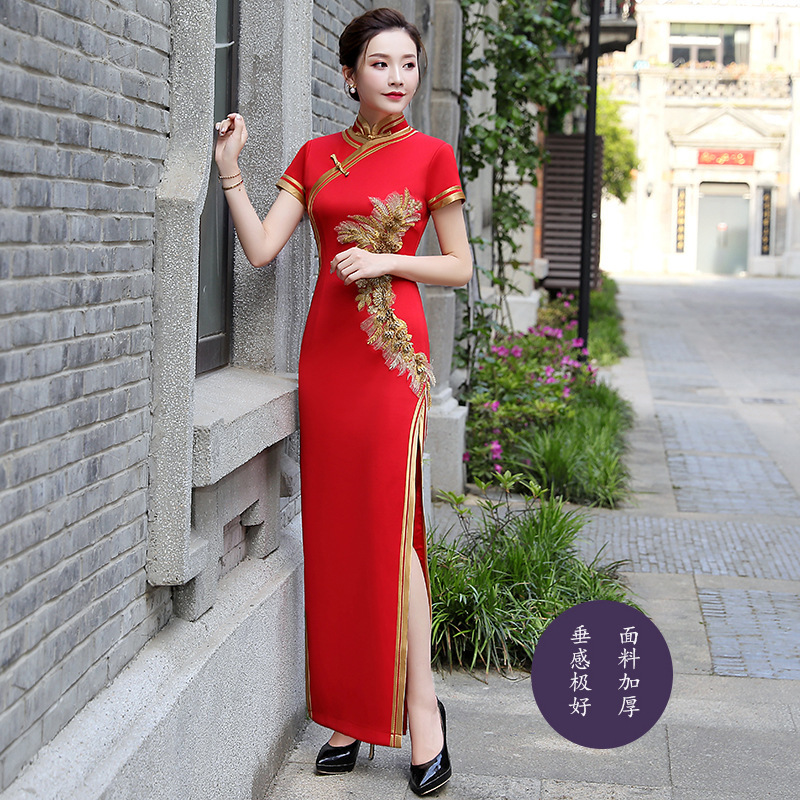 Red Turquoise Chinese dresses qipao retro cheongsam for women girls Long show runway cheongsam young girl China wind modified retro elegant dress