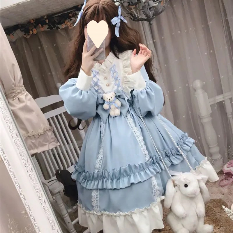 ロリータスカート 2025 甘いスタイルウエスト春夏学生ロリータスカートかわいい長袖ドレス女性のストレートヘア|undefined