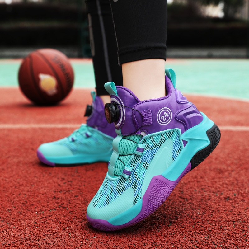 Zhan Shen Boys' Basketball 2024 Primavera/Verão Novo Botão Giratório Infantil Futebol Antiderrapante Tênis Esportivos Femininos_voghion.com