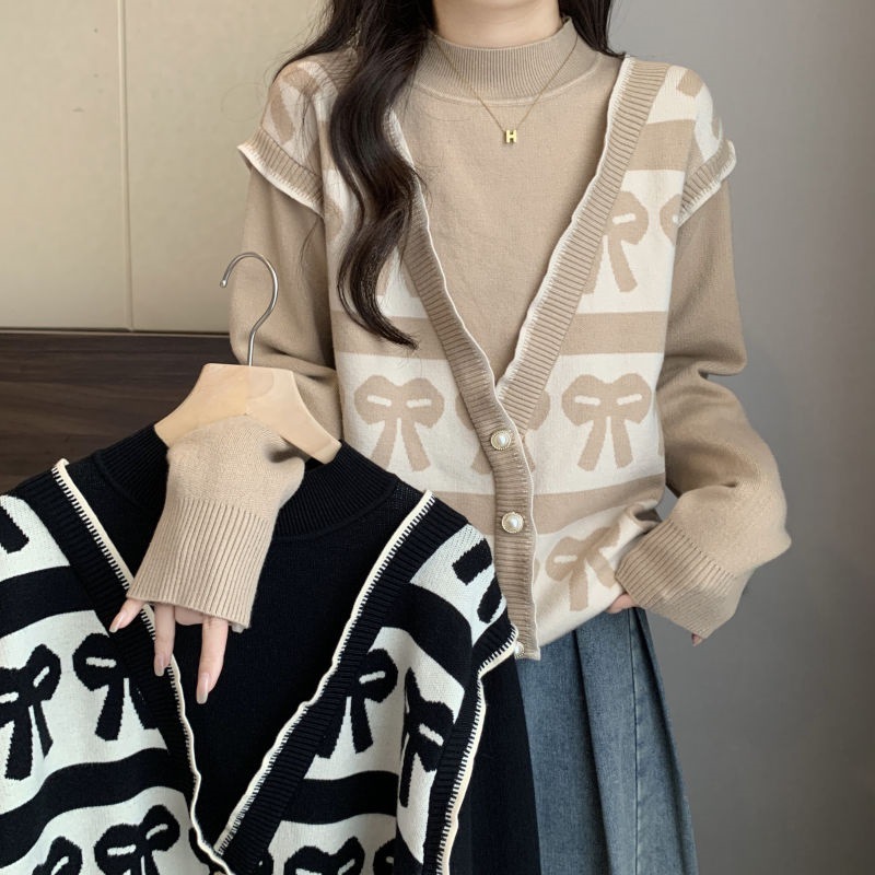 秋冬新款大码女装胖假两件高领毛衣针织内搭打底衫慵懒风上衣潮