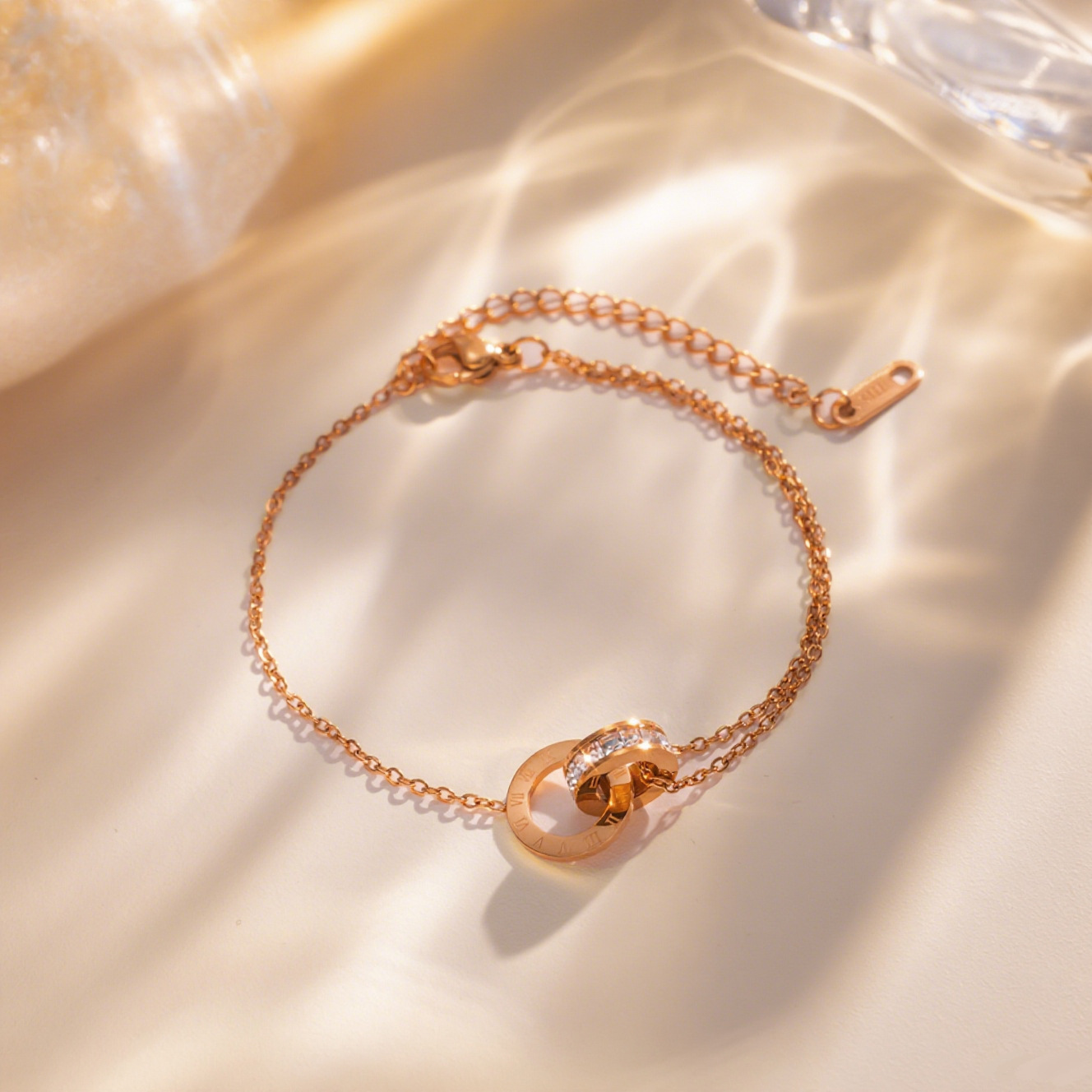 1531-6# rose gold titanium steel double ring bracelet
