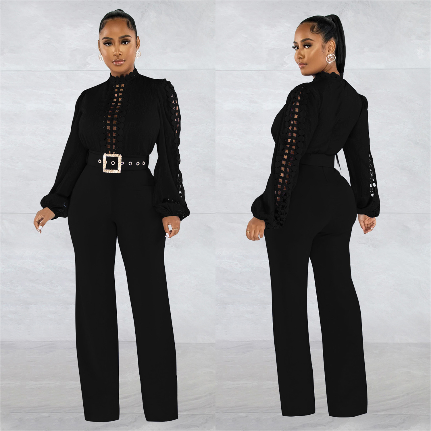 X6345 AliExpress Amazon moda europea y americana de encaje hueco color sólido manga larga pantalones jumpsuit