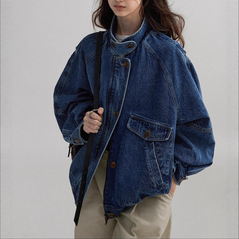 Scandinavian Medieval Style/Washed Denim Texture Flip-Up Collar Contrasting Silhouette Bomber Jacket for Women