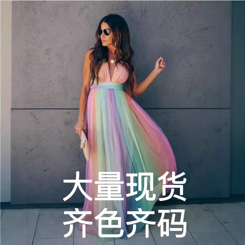 2022 Spring and Summer New European and American Cross-border Foreign Trade Women's Cross-border New Sling Sexy Deep V Rainbow Mesh Sling Dress