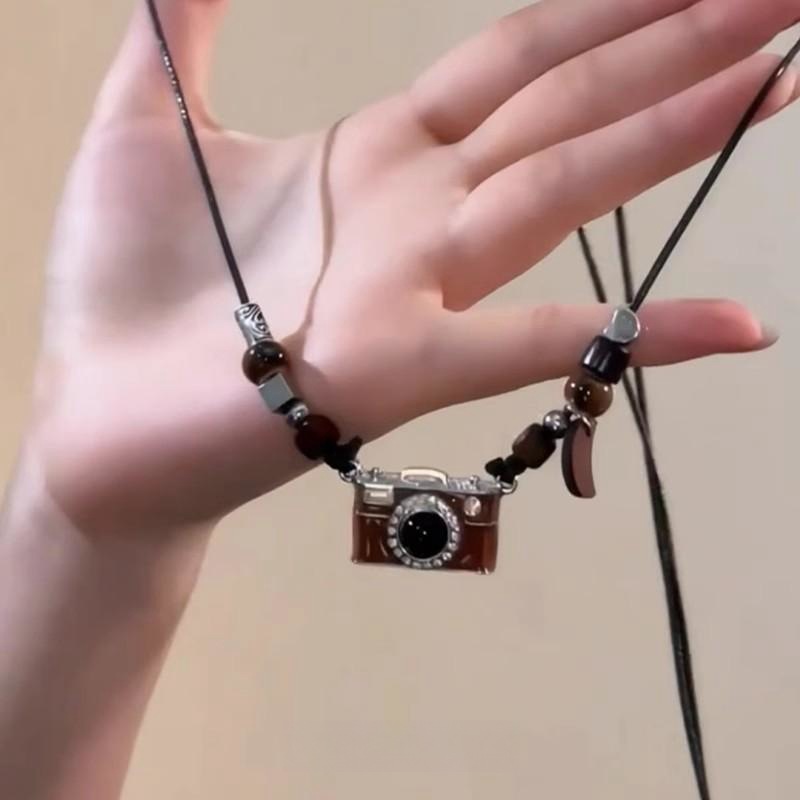 memory film vintage brown film cameras necklace autumn and winter new long drip glazed adjustable sweater chain