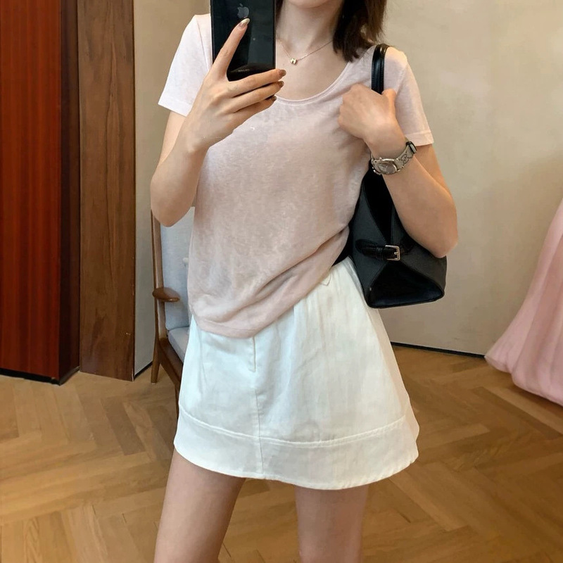 Lyocell Ice-Sense Mask Short-Sleeved T-Shirt for Women, Summer Versatile Korean Style Loose U-Neck Simple Casual Slightly See-Through Top Lyocell Ice-Sense Mask Short-Sleeved T-Shirt for Women, Summer Versatile Korean Style Loose U-Neck Simple Casual Slightly See-Through Top