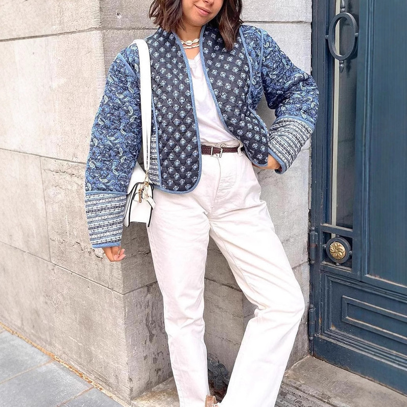 Cross-border Foreign Trade Women's Short Jacket Cardigan Floral Printed Quilted Jacket Light Cardigan Open Umbilical Jacket Coat