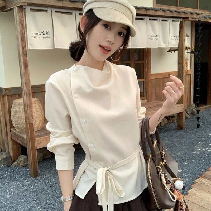 Jinbu Kangfu Vintage Asymmetrical Swing Collar Diagonal Placket Long Sleeve Shirt for Women, 2026 Autumn New Style, High-End with Tie Detail Jinbu Kangfu Vintage Asymmetrical Swing Collar Diagonal Placket Long Sleeve Shirt for Women, 2026 Autumn New Style, High-End with Tie Detail