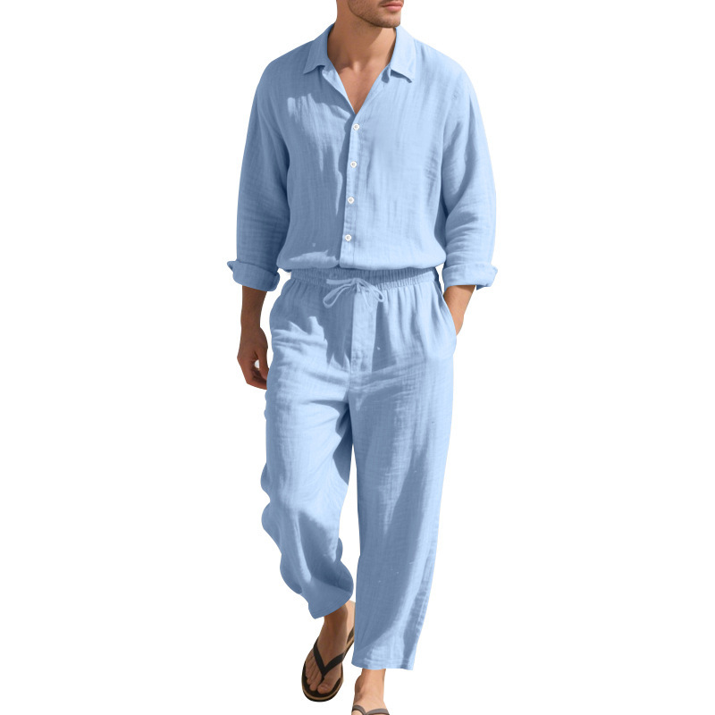 Estación independiente transfronteriza American Four Seasons Lino casual para hombres Playa suelta Protector solar Camisa de manga larga Traje de pantalón