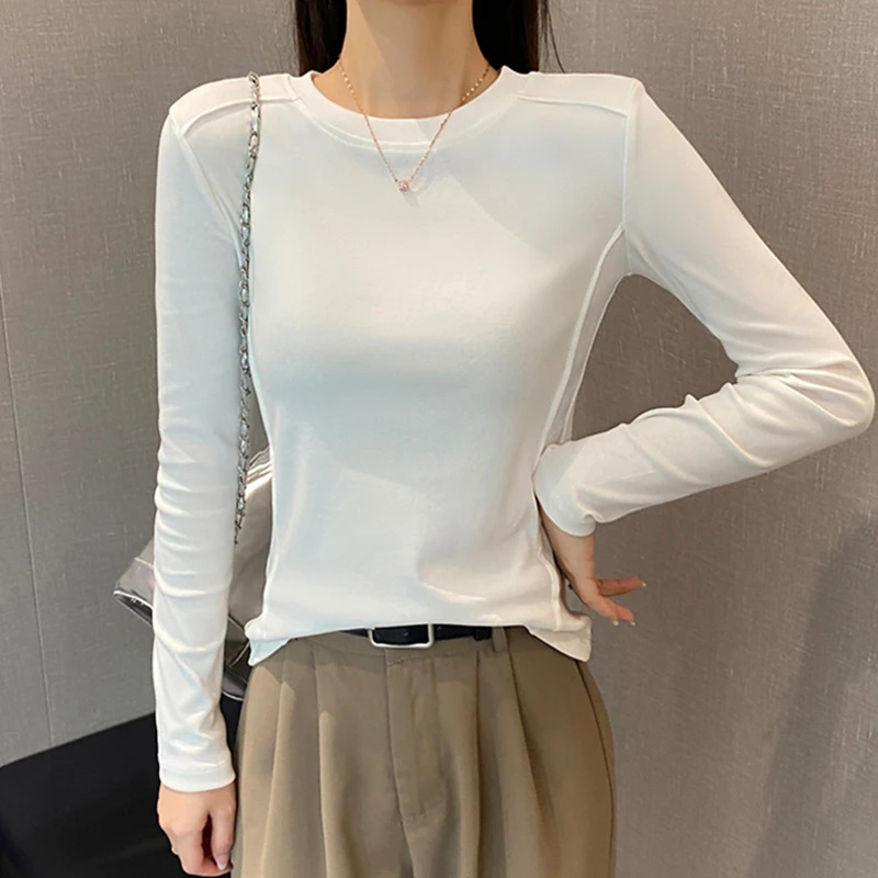 Autumn and Winter New Shoulder Slim-fit Warm Cotton Base Shirt Top Small Inner Sweet and Hot Long-sleeved T-shirt for Women Autumn and Winter New Shoulder Slim-fit Warm Cotton Base Shirt Top Small Inner Sweet and Hot Long-sleeved T-shirt for Women