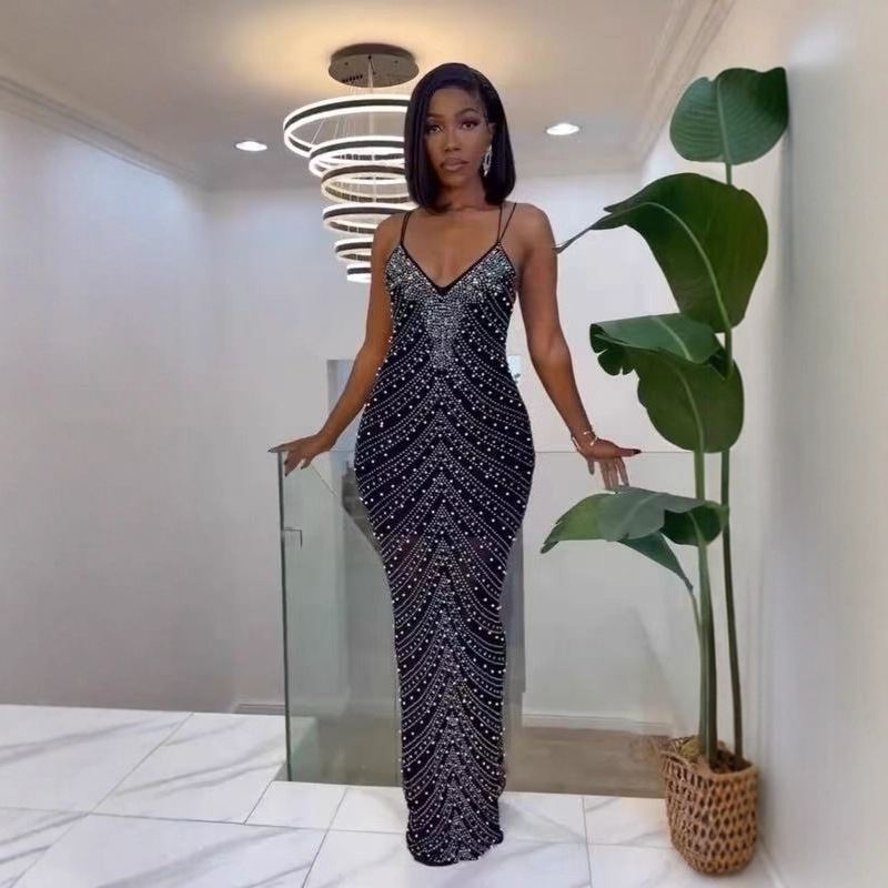 Elegant Backless Bodycon Midi Dress With Pearl Accents | Sexy Mesh & Rhinestone Strap Dress For Parties & Date Nights_ecoleips.com