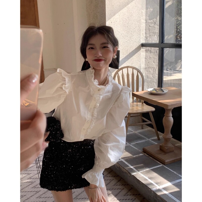 Puff sleeve Korean-style lace white shirt, bubble top design, French court style shirt, light luxury French shirt