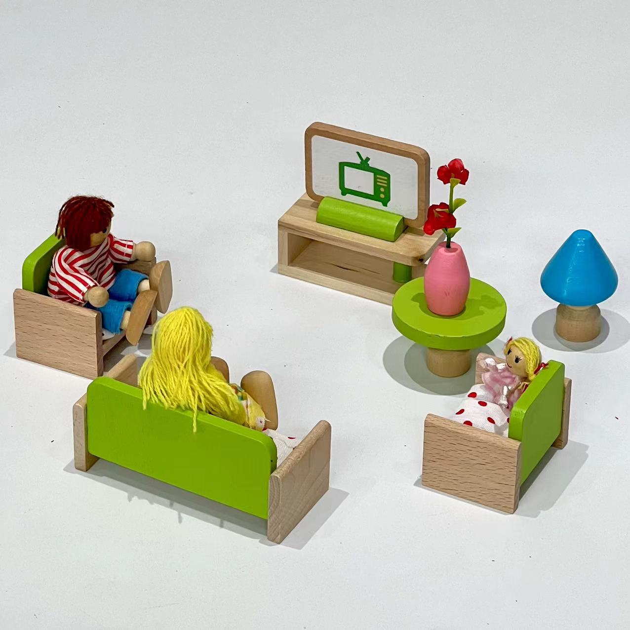 Mini conjunto completo familia juguetes de madera niños jugar casa linda simulación muebles pequeños traje noche mercado juguetes pequeños