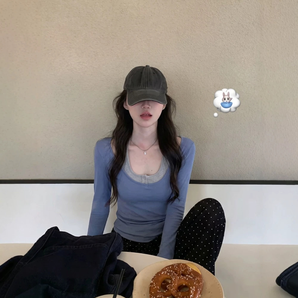 【260克人棉莫代尔】韩系蓝拼灰U领假两件挂脖T恤女早秋长袖上衣
