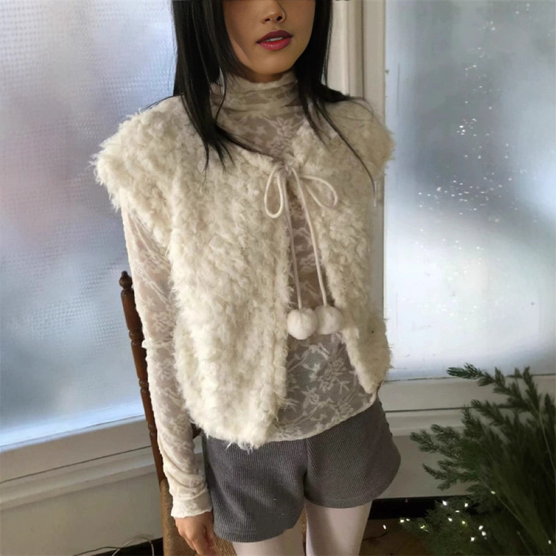 In Stock Korea Dongdaemun 2025 Cute Little Fur Ball Strap Plush Vest Sleeveless Vest