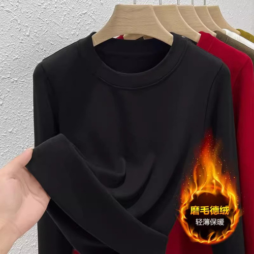 High-quality large round neck ribbed velvet base shirt for women, slimming, long-sleeved, versatile top
