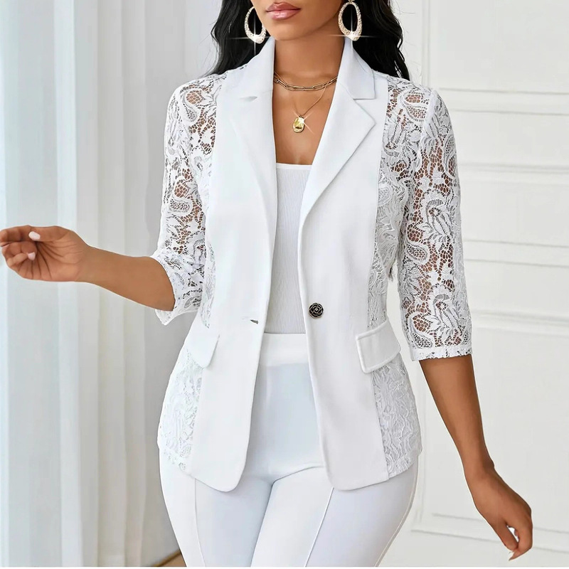 2025 Amazon European and American Women's Summer Thin Half-Spliced ​​Lace One-Button Small Suit Top