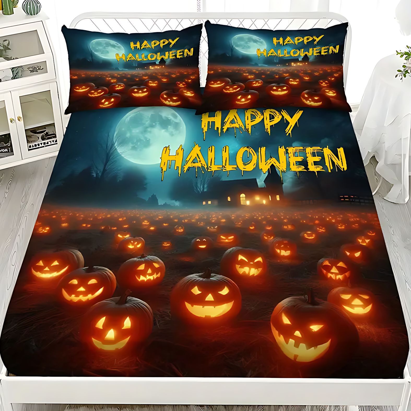 TEMU / JIT Cross-border series de Halloween impresión digital cama suave camisa funda colchón set de ropa de cama