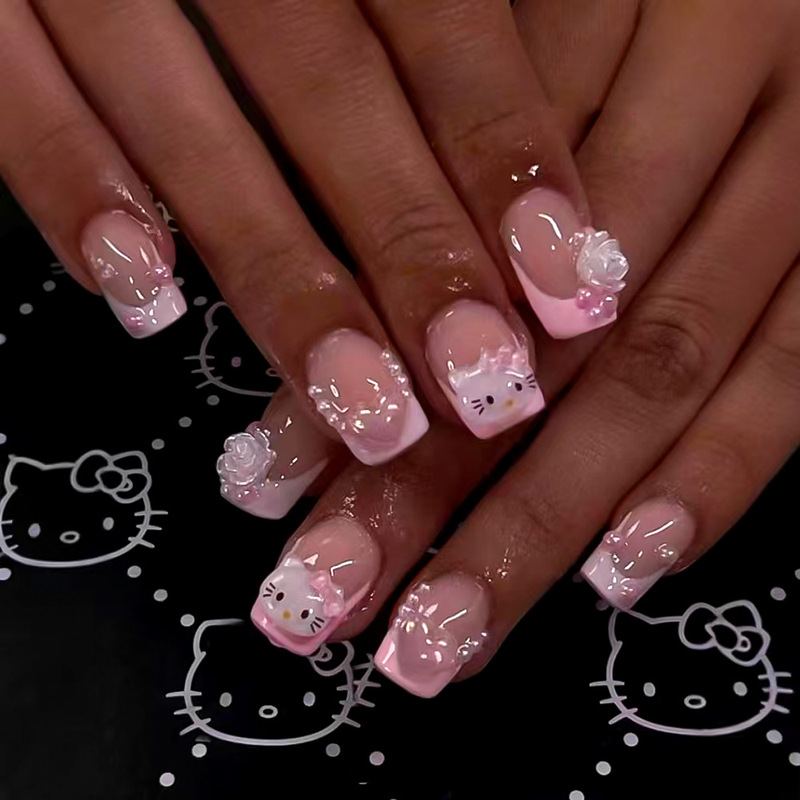 Cross-Border Hot-Selling 24 Pieces of Cute Hello Kitty Cat Square Short French Nails Heart Pearl Wearable Nail Art Pieces Cross-Border Hot-Selling 24 Pieces of Cute Hello Kitty Cat Square Short French Nails Heart Pearl Wearable Nail Art Pieces