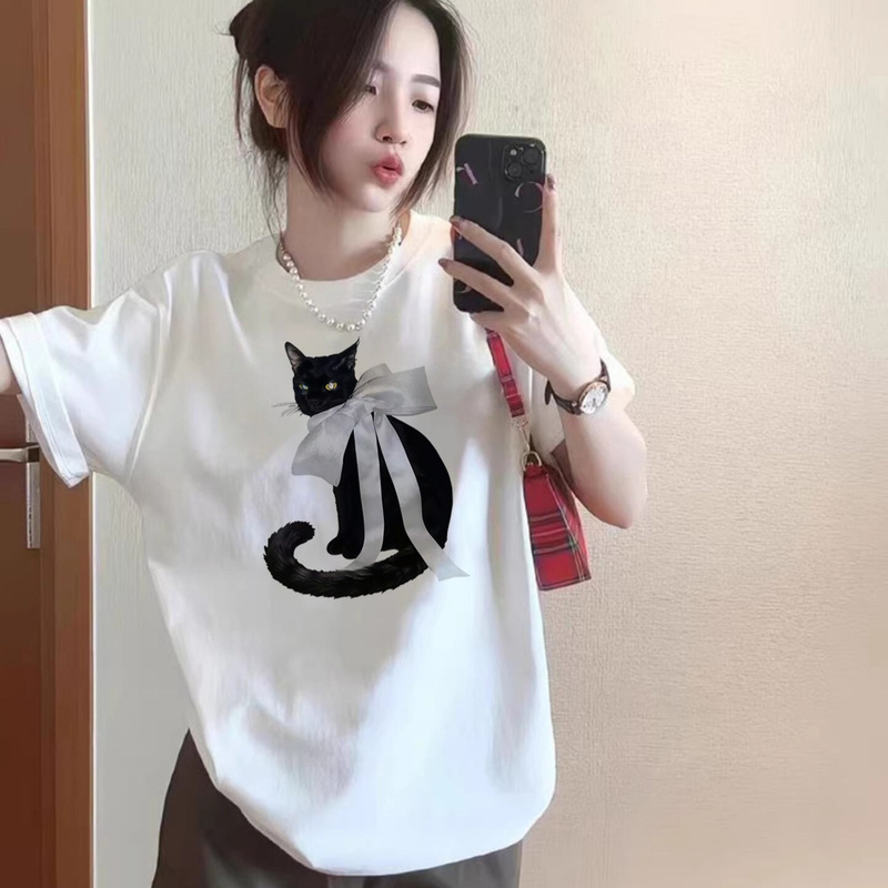 Korean Style Cat Print Pure Cotton Short-Sleeved T-Shirt for Women 2026 New Large Size Spring and Summer Loose Casual Style Top Korean Style Cat Print Pure Cotton Short-Sleeved T-Shirt for Women 2026 New Large Size Spring and Summer Loose Casual Style Top
