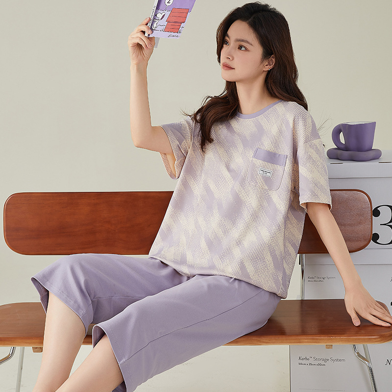 2025 Summer New Cotton Pajamas Women's Short-sleeved Capri Pants Round Neck Korean Casual suit Fashion Home Clothes