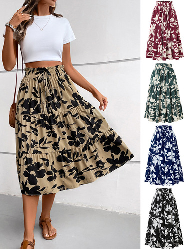 Amazon Independent Station Cross-border Trade Print A-line Semi-skirt Summer High-end Feel Pleated Skirt Women's Dress