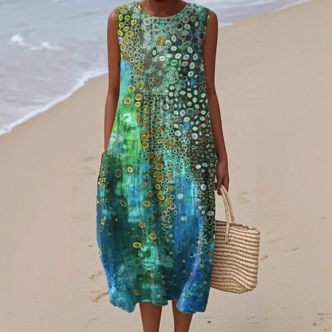 2025 European and American Spring and Summer New Sleeveless Casual Printed Elegant Long Skirt Dress Slim Fit Small Fresh Casual Skirt