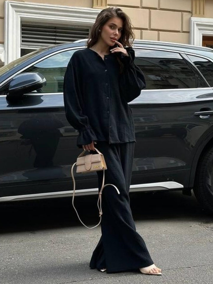 Bộ cardigan dài tay + quần ống rộng tay đèn lồng chất liệu cotton — màu hồng, màu đen, quả mơ chi tiết 20